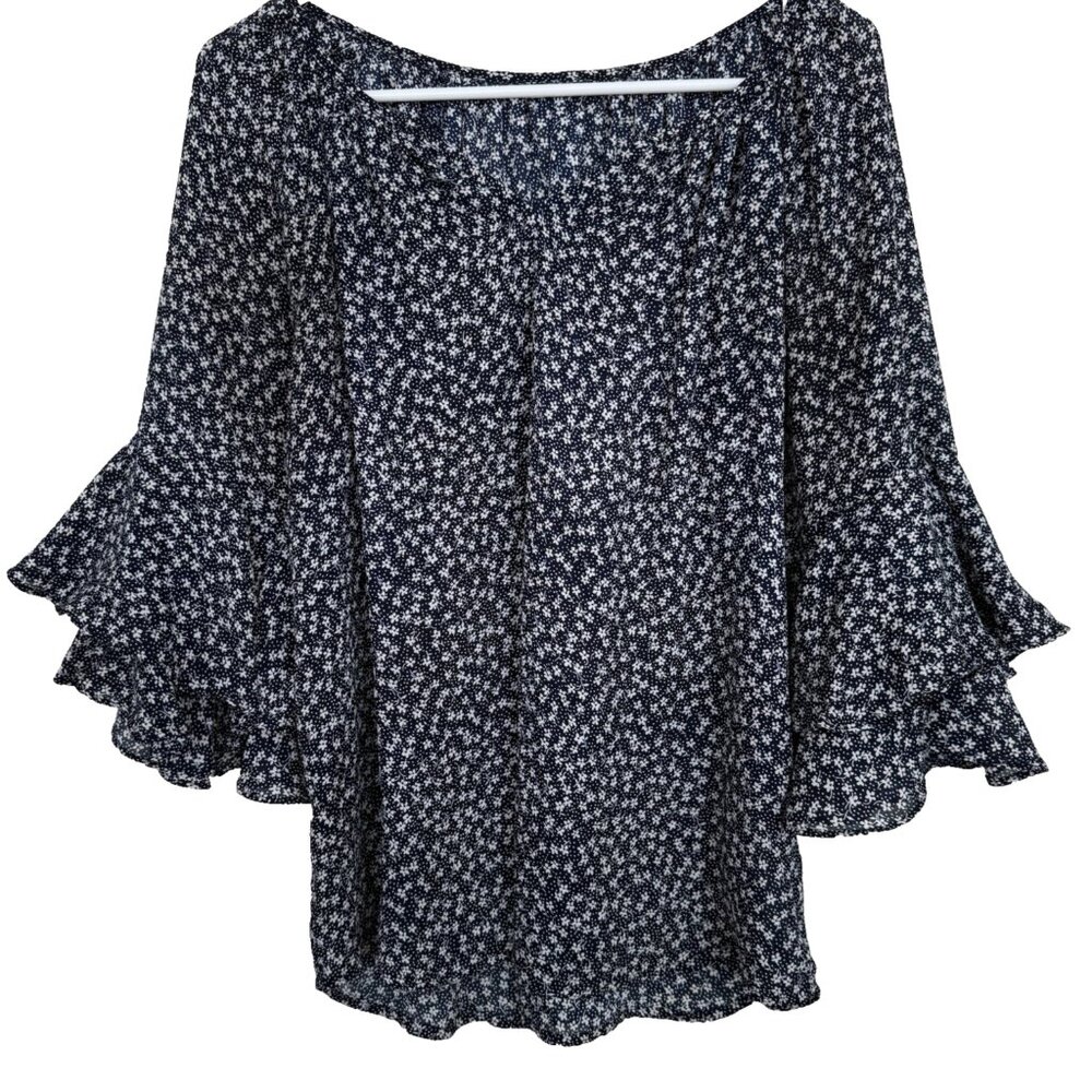 Ralph Lauren Womens Boho Top M Ditsy Dark Floral Ruffle Bell Sleeve‎ Fairy Flowy